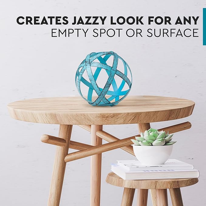 Everydecor Metal Decorative Sphere for Home Decor - Decorative Balls for Shelves, Centerpiece Bowls, Bookshelf - Decoration Orbs Accents for Living Room, Bedroom - Distressed Blue Shelf Spheres