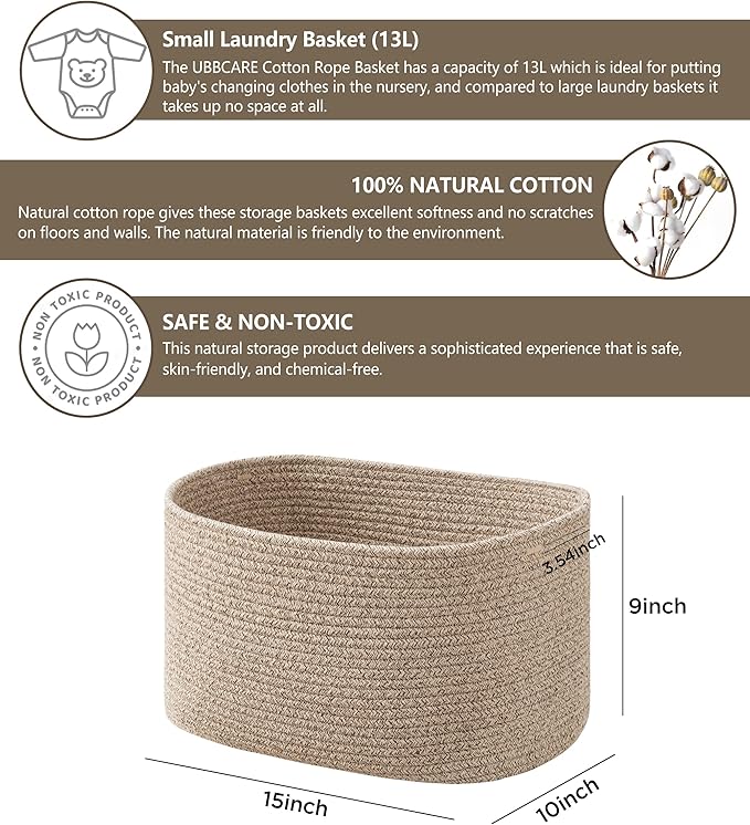 UBBCARE 3-Pack Woven Rope Shelf Baskets - 15x10x9in Decorative Storage Basket for Toys, Kids Playroom, Closet Organization & Cube Storage Organizer | Gift Basket Empty, Light Brown