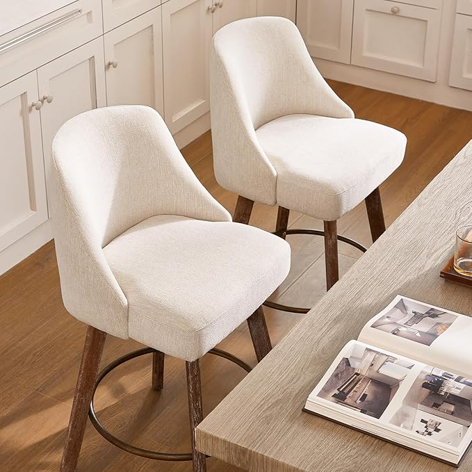 Mid Century Modern Counter Height bar stools Set of 2，360° Swivel barstools with Solid Wood Legs，26'' Island Chairs with Wrap-Around Backrest，Beige Linen Comfort Fabric