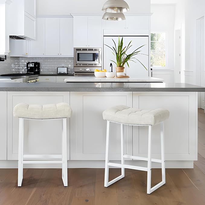 White & Beige Counter Height Bar Stool for Kitchen Counter Modern Backless Barstool with Upholstered Faux Leather Seat and Metal Frame Industrial 24 inch Bar Chair