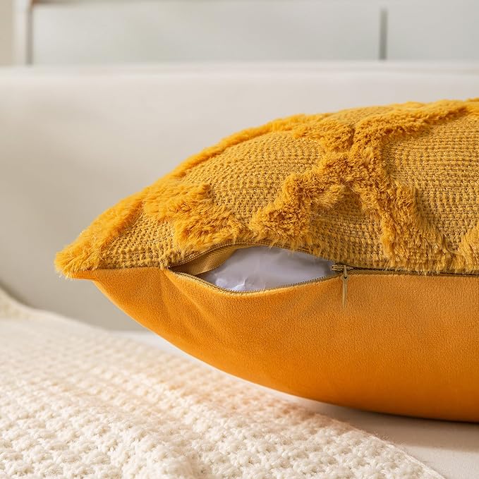 Set of 2 Soft Moroccan Throw Pillow Covers 12x20 Inch Plush Boho Decorative Pillow Cover Accent Cushion Case for Couch Sofa Bed, Mustard Yellow