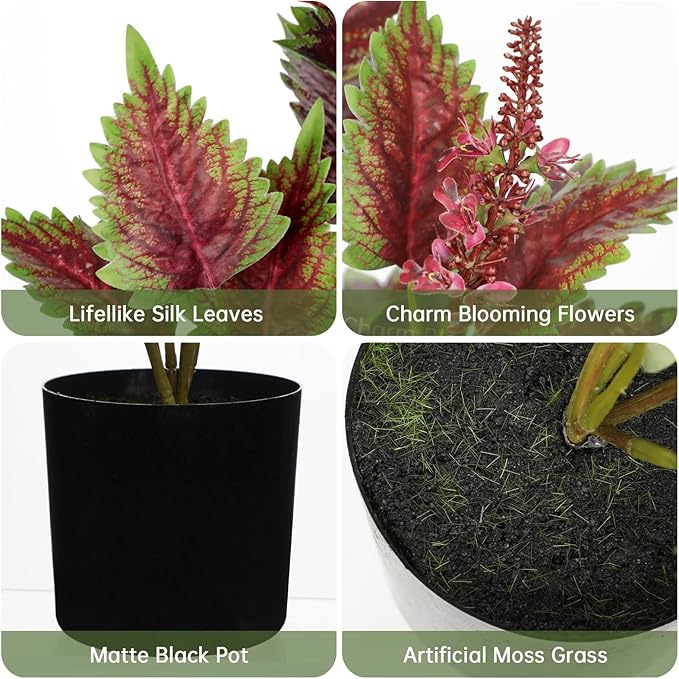 Artificial Plants Indoor with Pot 16.9" Faux Potted Perilla Plants Indoor Decorative Silk Greenery in Black Pot for Farmhouse Home Bathroom Living Room Office Table Shelf Decor