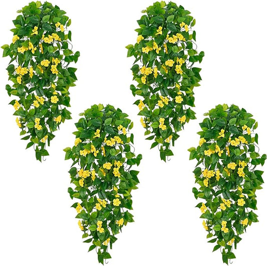 BLEUM CADE Artificial Hanging Flowers for Outdoors, 4pcs Fake Hanging Plants Pothos Vines with Yellow Flowers for Wall Home Living Room Indoor Outdoor Decor (No Baskets)