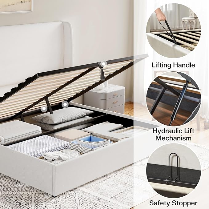 Jocisland Queen Size Bed Frame Lift Up Storage Bed Linen Upholstered Bed Frame with Hydraulic Storage/Wingback Headboard/No Box Spring Needed/White