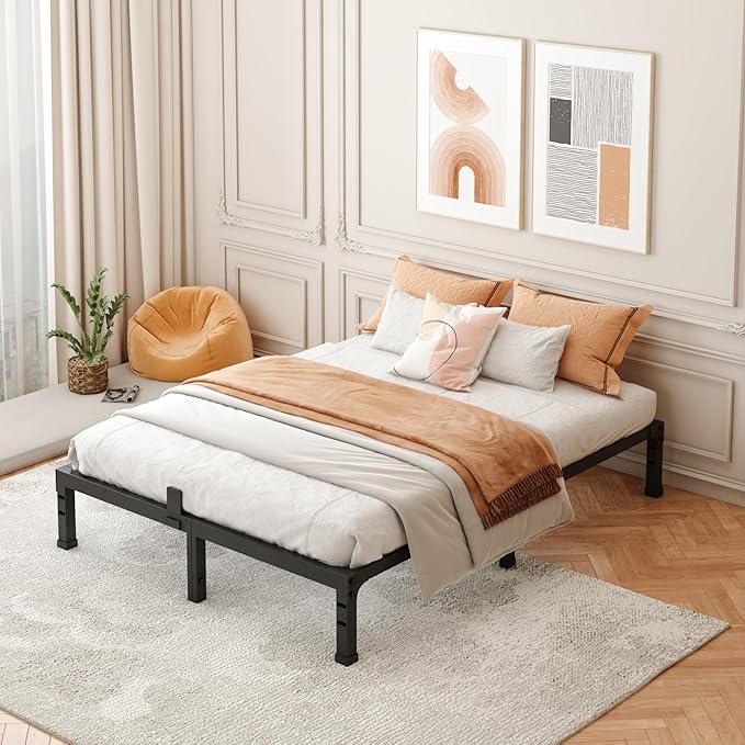 FUIOBYVV Queen Bed Frame,10 Inch Low-Profile Metal Platform with Steel Slats 3500lbs Support,No Box Spring Needed,Non-Slip Mattress Stopper,Underbed Space,Quiet and Sturdy,Easy Assembly