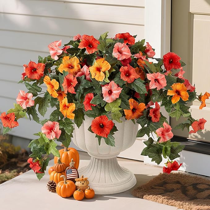 Artificial Fake Fall Flowers Plants for Outdoor Decoration, 2PCS Fall Silk Faux Flowers Petunias Planter, No Fade UV Resistant Flower for Garden Porch Yard Patio Window Box Autumn Indoor Decor(Orange)