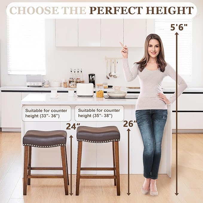 PrimeZone Counter Height Bar Stools Set of 8 - Backless Saddle Barstools with 4.3" Thick Upholstered, Nailhead Trim Faux Leather & Solid Wood Legs, 26 Inch Counter Stools for Kitchen Island, Brown