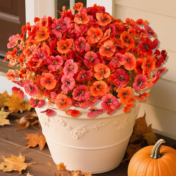 INQCMY Artificial Fall Flowers for Outdoor, 12 Bundles Faux Pansy Fake Mums Flowers Plants Outdoor Fall Decor, UV Resistant No Fade Silk Flower for Porch Planter Patio Yard Garden(Orange Autumn Red)