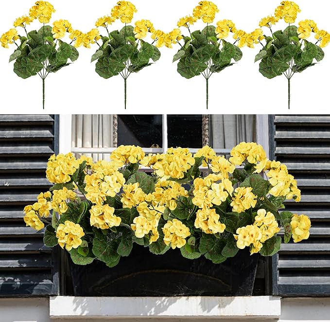 4PCS Home Decor Fake Plants Artificial Flowers Artificial Geraniums Outdoor Fake Flowers Artificial Flowers Fake Silk Bouquet, Fall Decor for Interior Porch Garden Decoration (Yellow) 14.4"