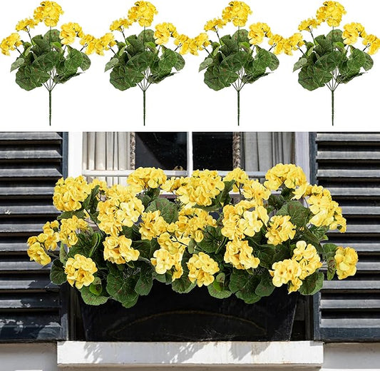 4PCS Home Decor Fake Plants Artificial Flowers Artificial Geraniums Outdoor Fake Flowers Artificial Flowers Fake Silk Bouquet, Fall Decor for Interior Porch Garden Decoration (Yellow) 14.4"