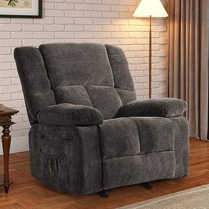Velvet Rocker Recliner for Adults, Overstuffed Manual Recliner Chair with Spring Cushion, Rocking Chair with Side Pockets, Nursery Glider Recliner Single Sofa for Living Room (Medium, Khaki)