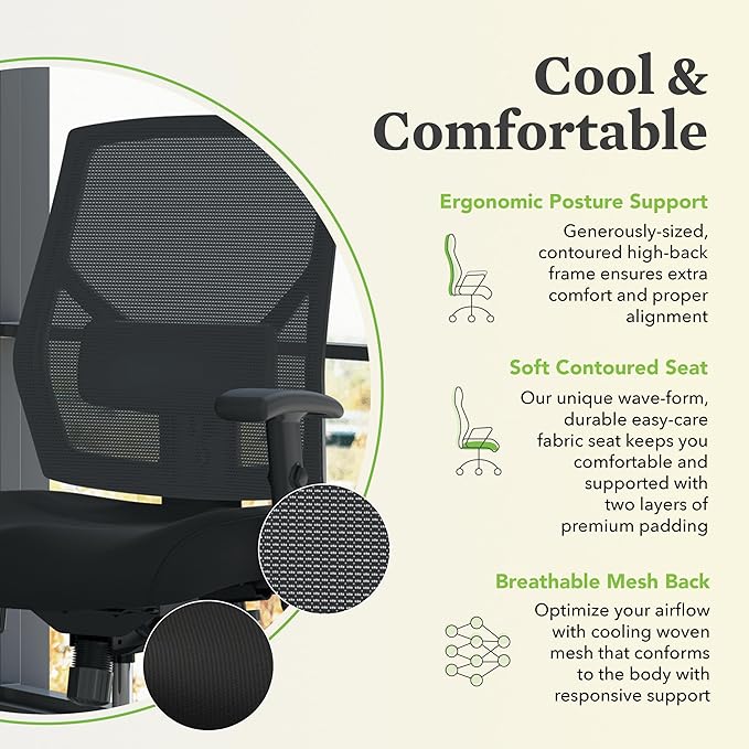 HON Crio High Back Office Chair, Ergonomic Office Chair with Adjustable Arms and Back Support, 360° Swivel, Asynchro-Tilt Recline, Black