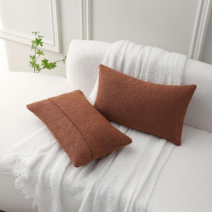FUTEI Pack of 2 Rust Decorative Throw Pillow Covers 12x20 Inch Soft Cozy Solid Boucle Textured Lumbar Pillow Cases,Modern Home Decor for Couch Bed Living Room
