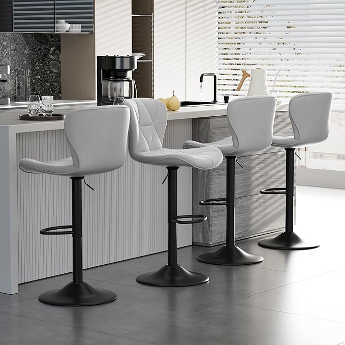 Bar Stools Set of 4,Adjustable Swivel Barstools, Faux Leather Bar Chairs,Upholstered Counter Height with High Backrest for Kitchen Island, Light Grey