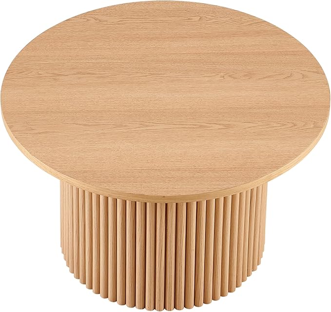 27.5'' Round Dining Table for 4, Modern Wood Farmhouse Kitchen Circle Table with Sturdy Cylindrical Pedastal, Dinner Tables for Dining Room, Living Room Oak