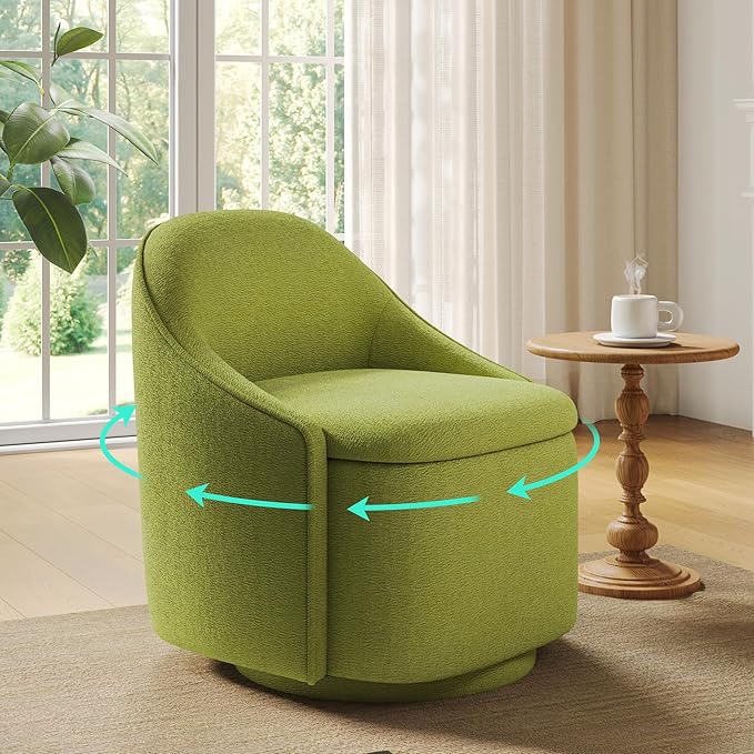 LINSY Swivel Accent Chair with Storage Comfy Chenille Barrel Chairs, Small 360 Swivel Modern Armchair for Living Room Bedroom, Boucle Reading Chair for Study Room (Green)