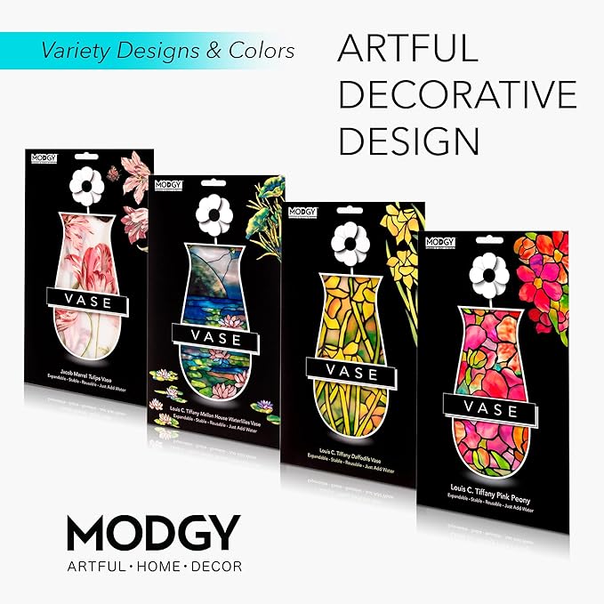 MODGY Expandable Flower Vase Set, Plastic Decorative Modern Foldable Printed Vases for Centerpieces for Wedding, Dining Table, Home Decor, Living Room, Bathroom, Office, Jacob Marrell Tulips, 4 Pack