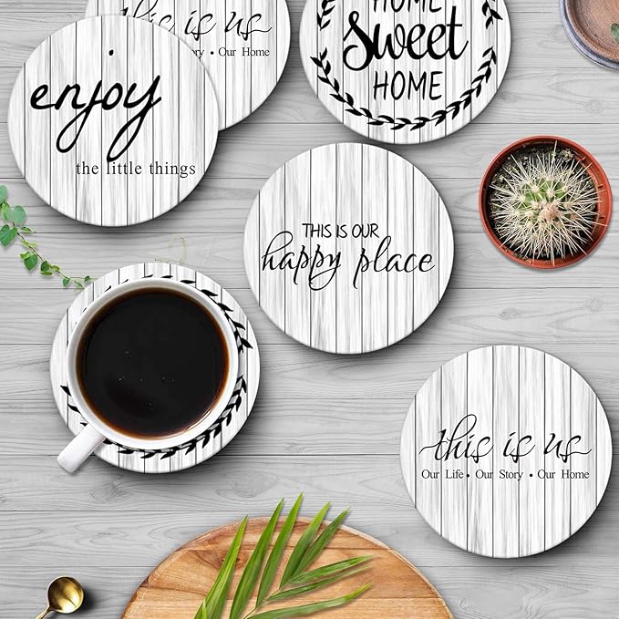 Britimes Coaster for Drinks Set of 6, White Old Wood Wooden Board Table Absorbent Round Ceramic Stone Mat, with Cork Base and Metal Holder, Gift for Housewarming Room Bar Decor