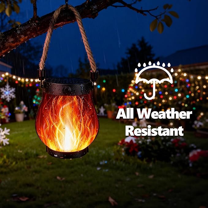 Christmas Solar Flame Lantern Hanging Outdoor Waterproof Purple - 2 Pack Flame Lanterns with Dual Charging Modes of Solar & USB for Garden or Yard Decorations (Red - 2 Pack)