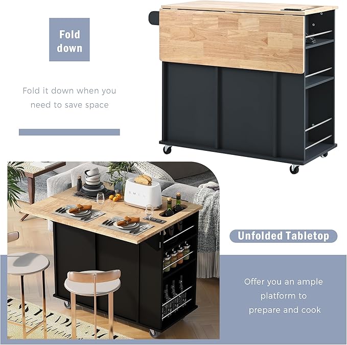 Merax Rubber Wood Kitchen Island with Adjustable Storage, Rolling Kitchen Storage Cart with Drop Leaf, Open Storage, Wine Rack, 5 Wheels for Home, Kitchen, Dining Room, Black