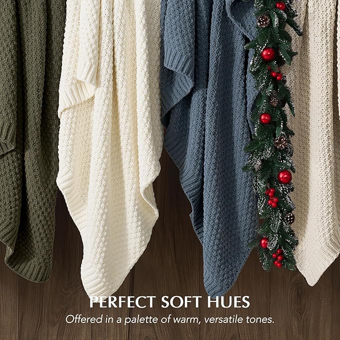 EVERGRACEHOME Chunky Chenille Knit Throw Blanket for Couch, Soft Luxurious Moss Stitch Blankets for Bed, Cozy Decorative Farmhouse Knitted Throws for Sofa, Ivory White, 50" x 60"