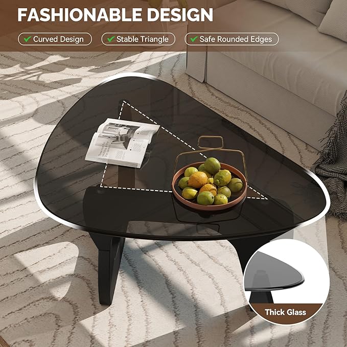 Modern Glass Coffee Table, Triangle Center Table with Tempered Glass Top& Unique Wooden Base, 42.5” Mid Century Tea Tables for Living Room, Apartment, Office,Black & Grey