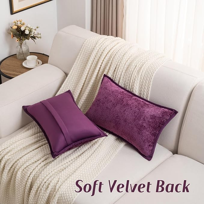 FUTEI Purple Chenille Throw Pillow Covers 12x20 Inch Set of 2,Soft Cozy Bound Edge Design Lumbar Pillow Cases,Home Decor for Couch Bed Living Room