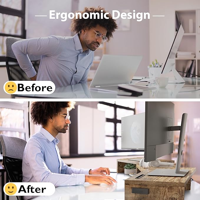 BONTEC Dual Monitor Stand for Desk, Adjustable Length and Angle Monitor Stand Riser with Smartphone Holder, Desk Shelf for Top of Desk, Computer Monitor Stand with Storage, Office Desk Organizer, Rustic Brown