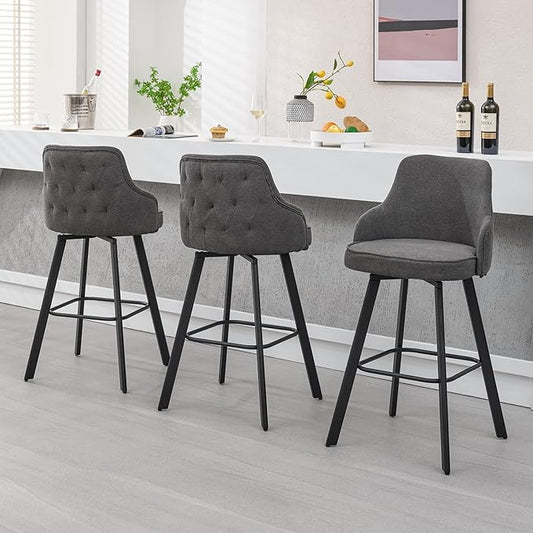 Bar Stools Set of 3, 30" Swivel Bar Height Barstools with High Back, Linen Kitchen Bar Stool Bar Height for Kitchen Island (Dark Grey, 3PCS 30" Bar Stools)