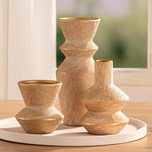 Ceramic Vase Home Table Decor - Gold Flower Vase Set of 3 Living Room Kitchen Decorations Farmhouse Modern Rustic Vases Decorative Centerpiece for Shelf Bedroom Office Bathroom Dining Coffee Desk