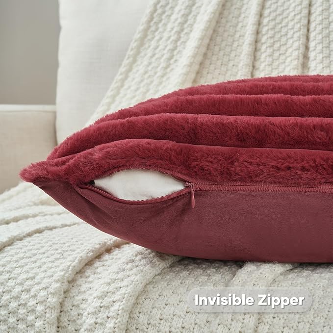 FUTEI Burgundy Striped Decorative Throw Pillow Covers 16x16 Inch Set of 2,Wine Red Square Fall Decorations Couch Pillow Case,Soft Cozy Faux Rabbit Fur & Velvet Back,Modern Home Decor for Bed
