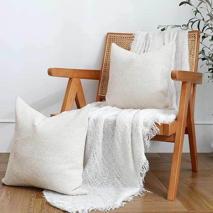 Stellhome Pack of 2 Chenille Neutral Decorative Throw Pillow Covers Soft Woven Textured Luxury Accent Cushion Cases for Living Room Couch Bed Sofa Farmhouse Boho Home, 18x18 inch, Cream