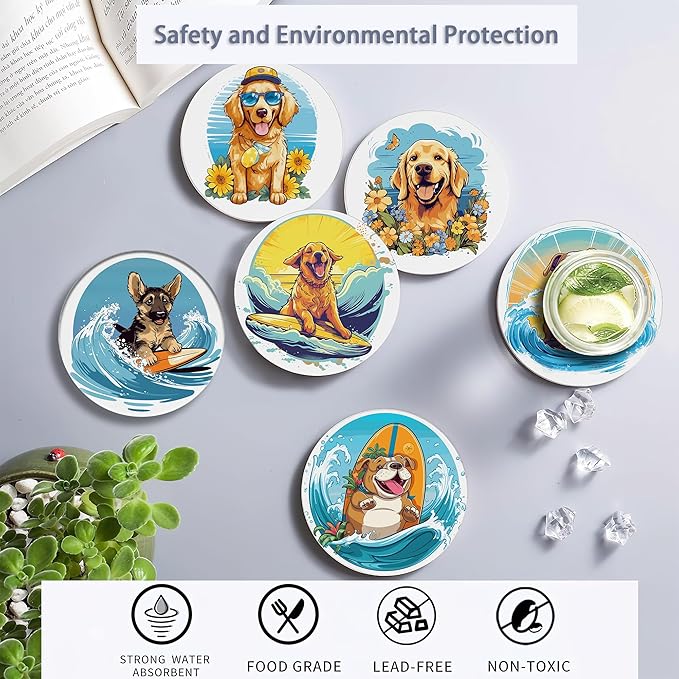 Coaster for Drinks Set of 6, Cute Dog Surfing Absorbing Round Ceramic Stone Coaster with Cork Base,Tabletop Protection Mat for Mugs and Cups,Coffee Table Wine Glass Home Bar 4 Inch