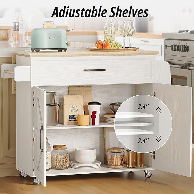 IRONCK Kitchen Island Table with Storage, Rolling Kitchen Cart with Power Outlet, Storage Cabinets on Wheels with Drop Leaf, Portable for Dining Room, White