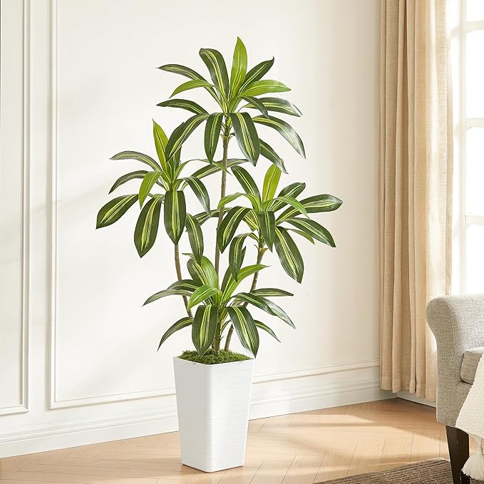 5FT Artificial Dracaena Tree with White Planter and Fake Green Moss - Real Touch Fake Plant for Home & Office Decor, Faux Yucca Indoor Floor Tree, Pre-Potted Plants,