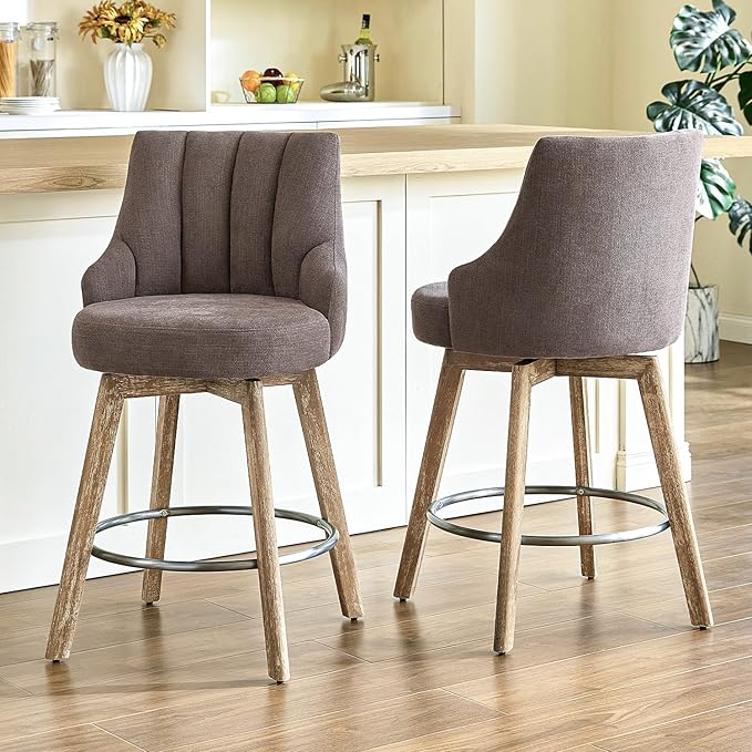 Counter Height Bar Stools,Swivel Bar Stools with Backs,Barstools Set of 4,26'' Solid Wood Legs,Thick Seat Upholstered Linen Fabric Counter Height Stools in Grey