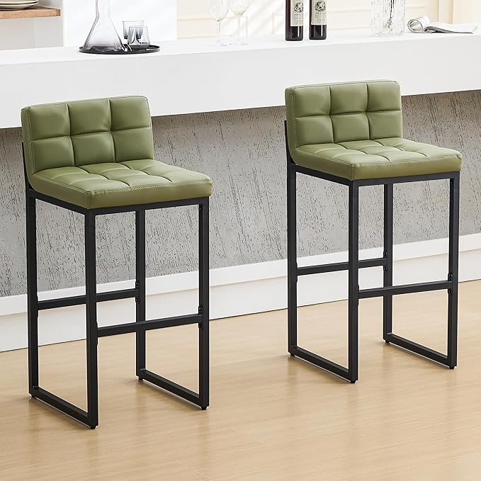 Set of 2 Bar Stools, Modern Counter Stool, Upholstered Faux Leather Barstools with Back, Comfortable 30-inch Seat Height Island Chairs for Kitchen Island (Avocado Green, 2Pcs 30" Bar Stools)