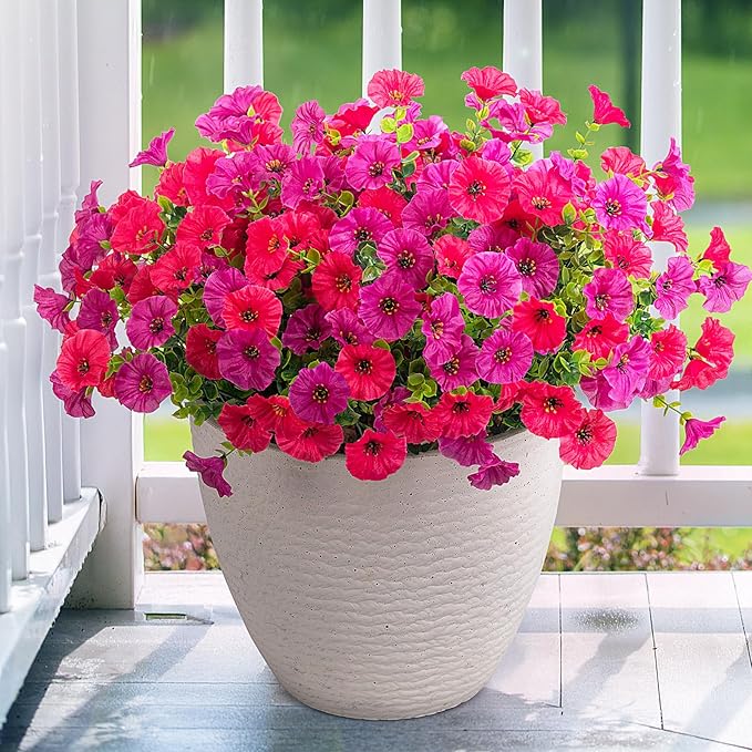 Artificial Flowers for Outdoors, 10 Bundles Fake Plastic Flower Plant, Faux Colorful Silk Morning Glory Eucalyptus for Spring Summer Outside Garden Porch Front Door Decor, Rose Purple