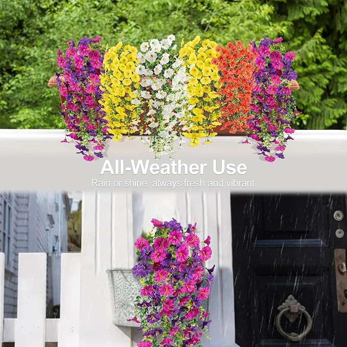 Artificial Flowers for Outdoors Decoration, 4Pcs Fake Hanging Flowers Morning Glory UV & Fading Resistant, Artificial Faux Plants Deocr for Home Porch Patio Balcony Planter Yard Garden Farmhouse