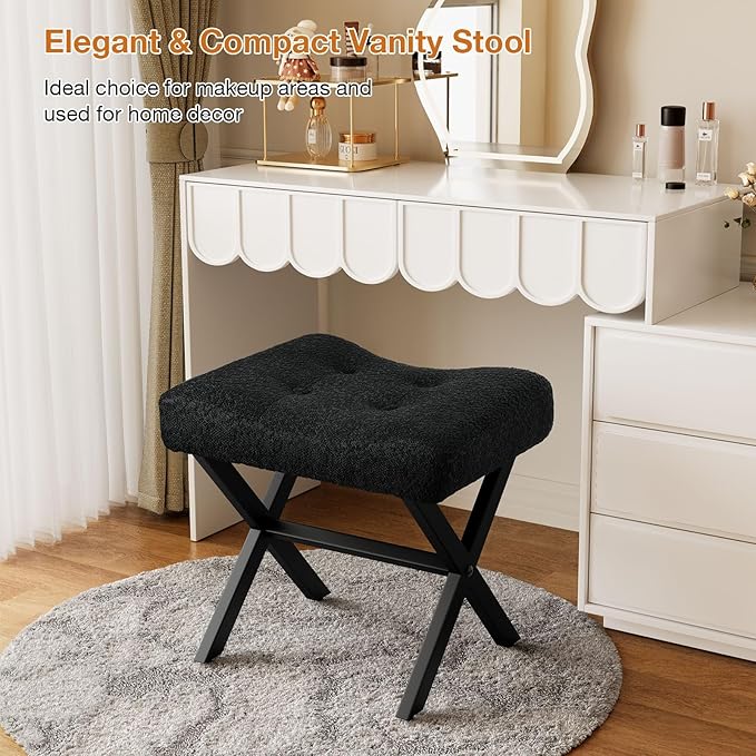 18-Inch Large Vanity Stool Chair, Vanity Bench with Metal X-Legs, Ottoman Accent Stool with Breathable and Soft Boucle Fabric Saddle Seat, Black