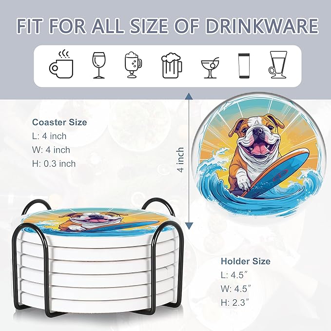 Coaster for Drinks Set of 6, Cute Dog Surfing Absorbing Round Ceramic Stone Coaster with Cork Base,Tabletop Protection Mat for Mugs and Cups,Coffee Table Wine Glass Home Bar 4 Inch