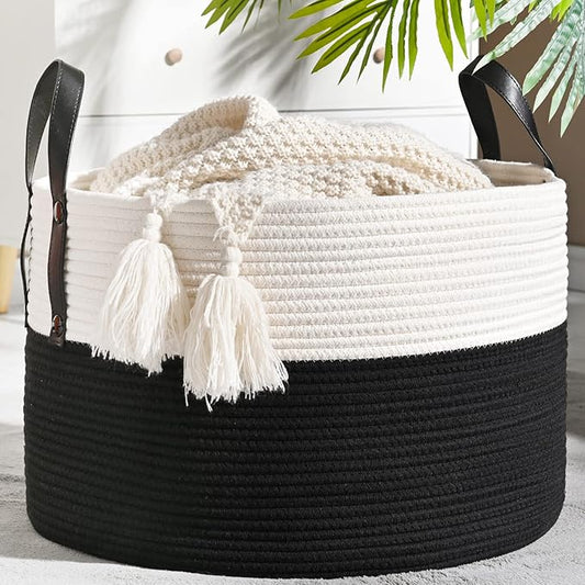 KAKAMAY Large Blanket Basket (20"x13"),Woven Baskets for storage Baby Laundry Hamper, Cotton Rope Blanket Basket for Living Room, Laundry, Nursery, Pillows, Baby Toy chest (White/Black)