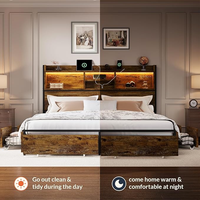 LARMACE Queen Size Bed Frame with 6 Storage Drawers and Headboard Wooden Platform Bed Frame with LED Lights and Charging Station Easy Assembly/No Box Spring Needed/Vintage Brown