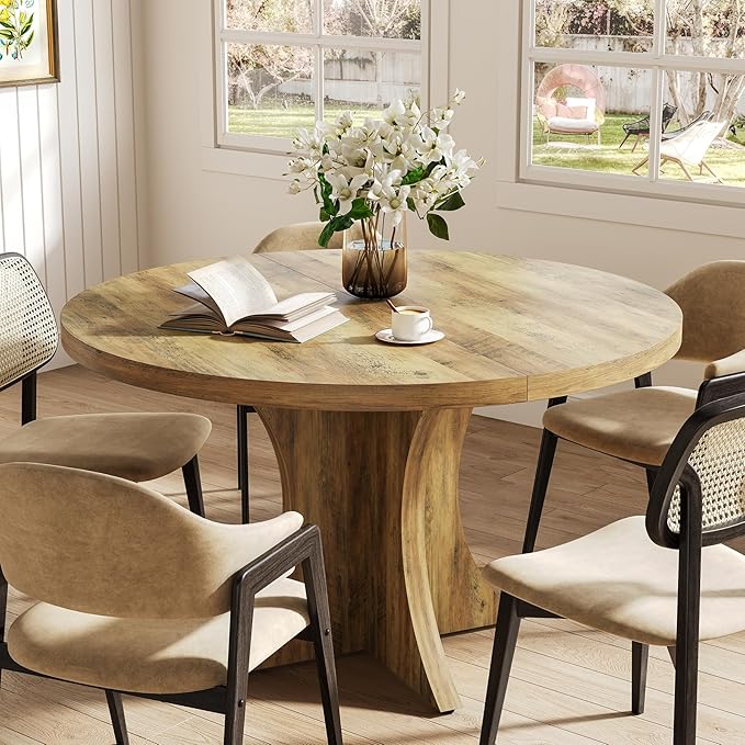 LITTLE TREE Round Dining Table for 4-6, 47.24 Inches Farmhouse Wooden Kitchen Table with Spacious Tabletop for Dining Room, Oak