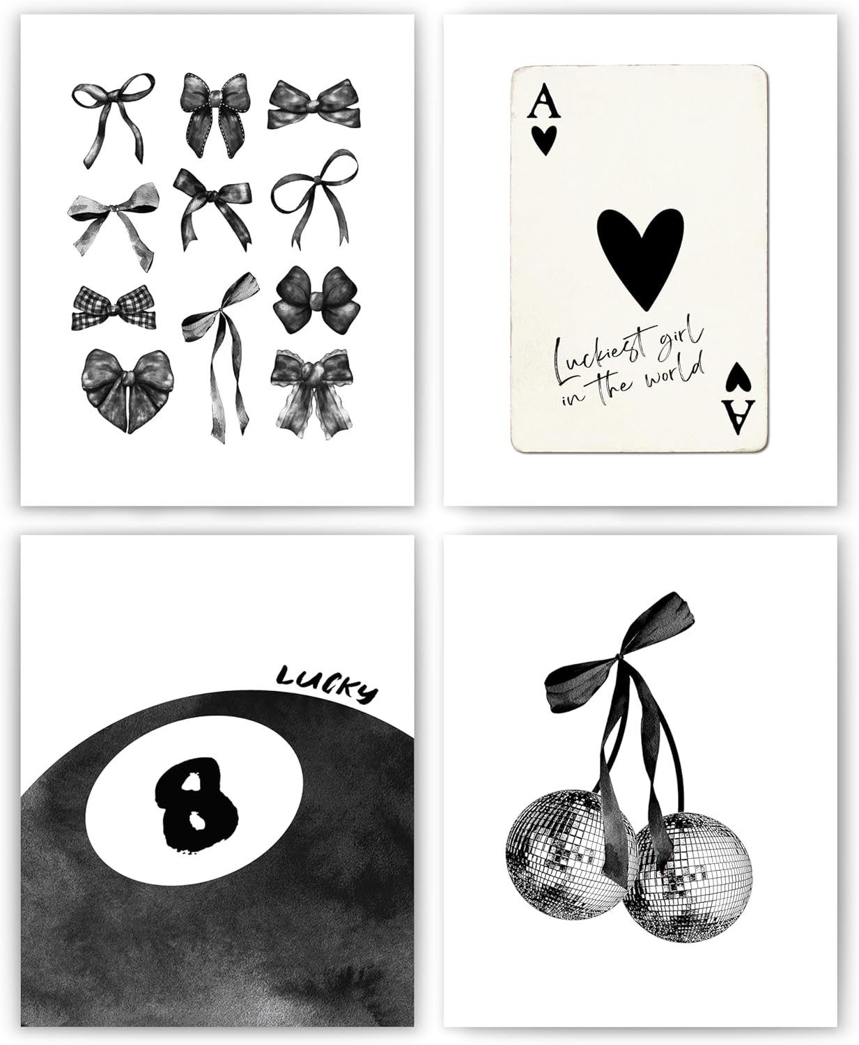 okaxscm Black Coquette Trendy Preppy Wall Art Prints Set of 4, Coquette Room Decor, Preppy Room Decor Aesthetic, Black Bow Disco 8 Ball Cherry Wall Decor Posters for Girls Bedroom Dorm, 8x10 Unframed