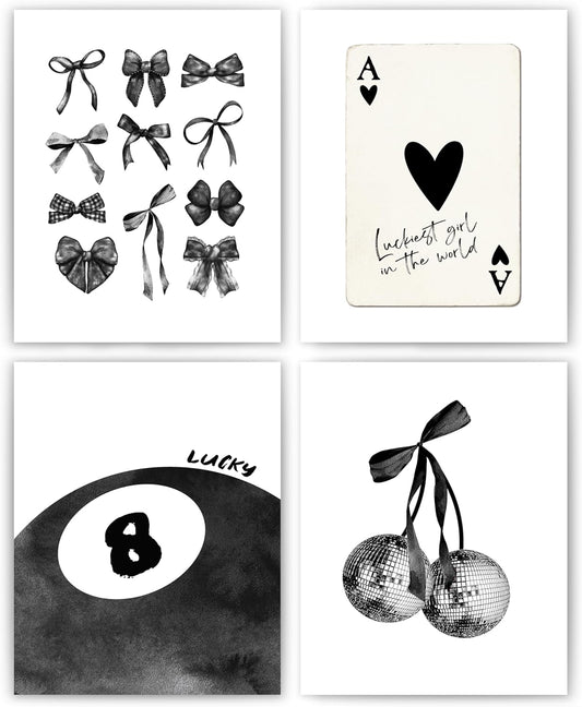 okaxscm Black Coquette Trendy Preppy Wall Art Prints Set of 4, Coquette Room Decor, Preppy Room Decor Aesthetic, Black Bow Disco 8 Ball Cherry Wall Decor Posters for Girls Bedroom Dorm, 8x10 Unframed