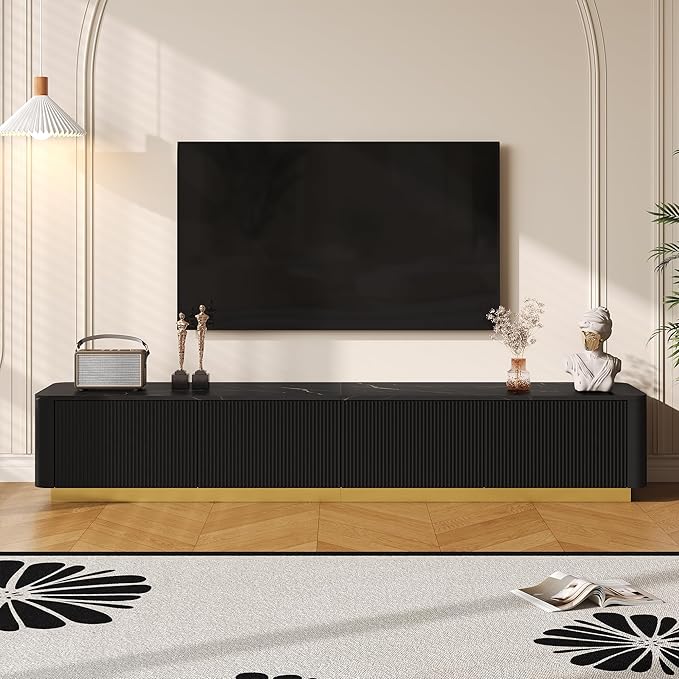 Merax Modern Wood TV Stand for TVs Up to 85'', Faux Marble Tabletop Entertainment Center with Storage Drawers, Practical Media Console for Living Room, Bedroom, Black