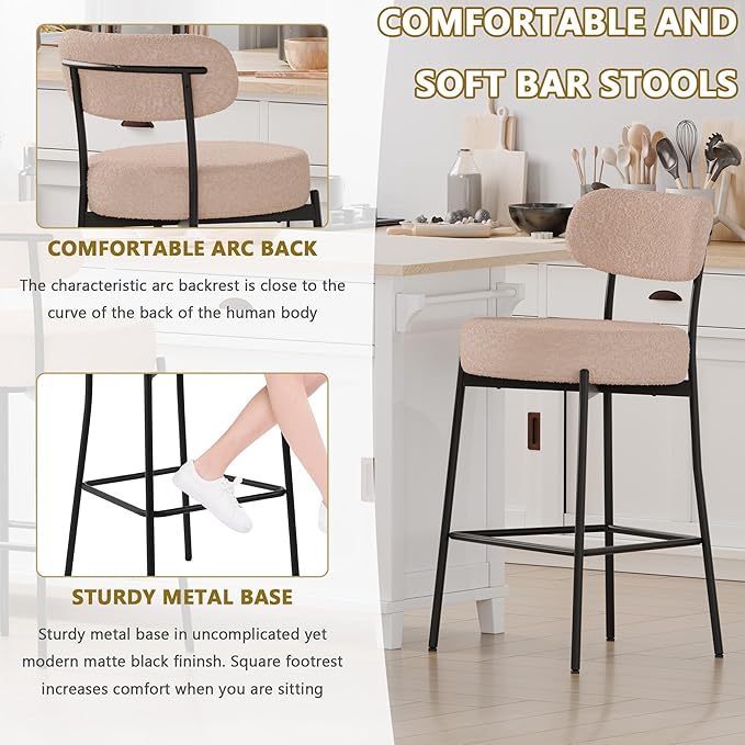 DYHOME Bar Stools Set of 3, Beige 27.56 Inches Counter Height Bar Stools with Back, Mid-Century Modern Bar Chairs for Kitchen Island, Dining Room