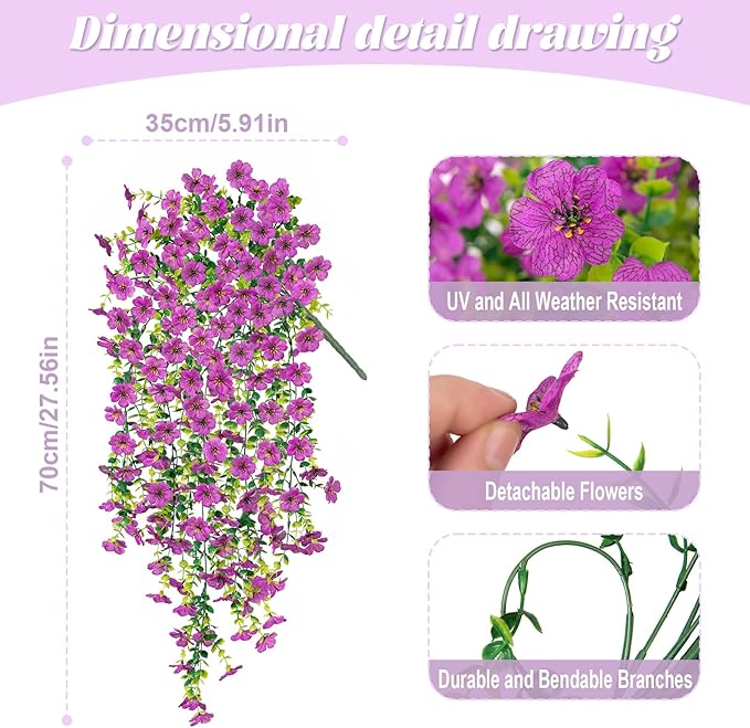 Artificial Fake Hanging Plants Flowers for Spring Outdoor Outside Decor, Faux Mums Silk Realistic Flower, 2 Pcs UV Resistant Look Real Plastic Decorations for Porch Home Patio Balcony Yard