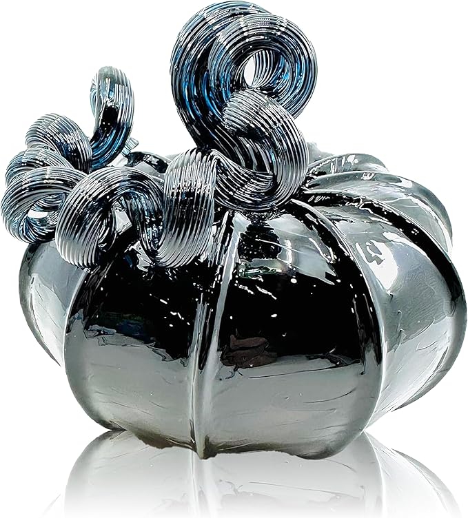 Luke Adams Glass Handmade Glass Pumpkins Handmade Table Top Home Decor (Squat, Black)